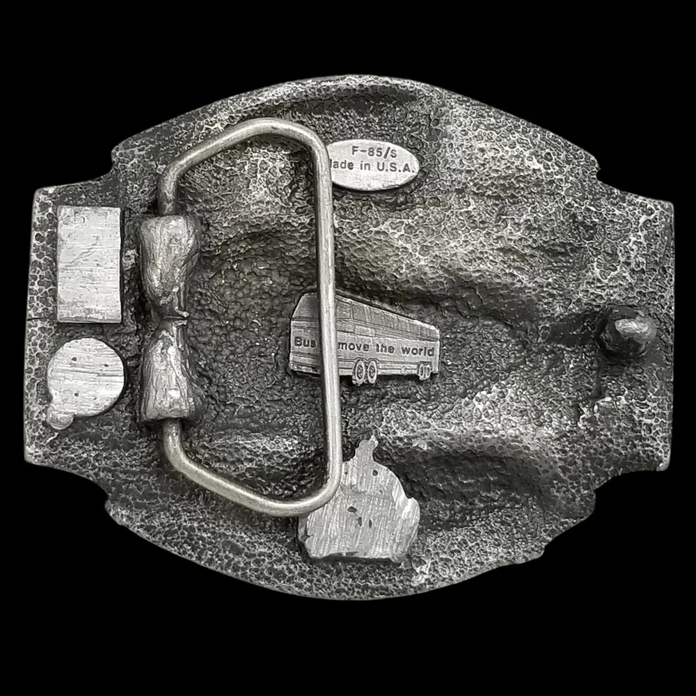 Vintage Buses Move The World Belt‎ Buckle USA Made Pewter Novelty Transportation